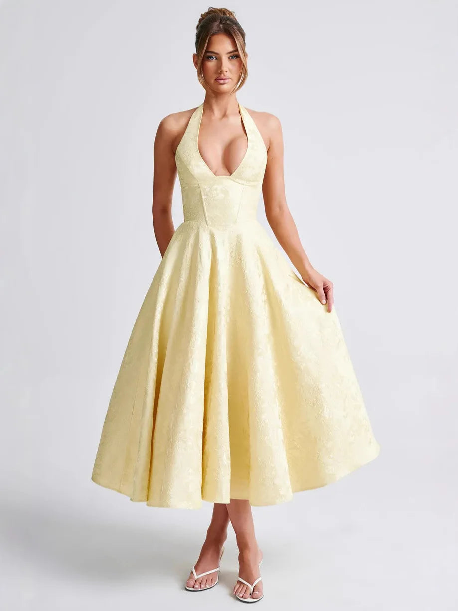 Solid Backless Lace Up A-line Dress Women Sleeveless Deep V-neck High Waist Pleated Midi Dresses Lady Evening Party Robes 2026