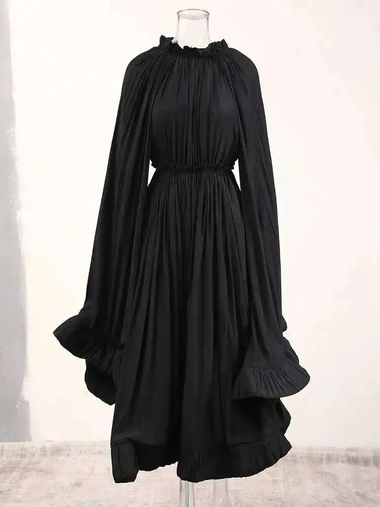 IEQJ Elegant Big Swing Irregular Ruffles Party Maxi Dresses For Women Cloak Sleeves Spliced Lace Up Pleated Dress 2025 New