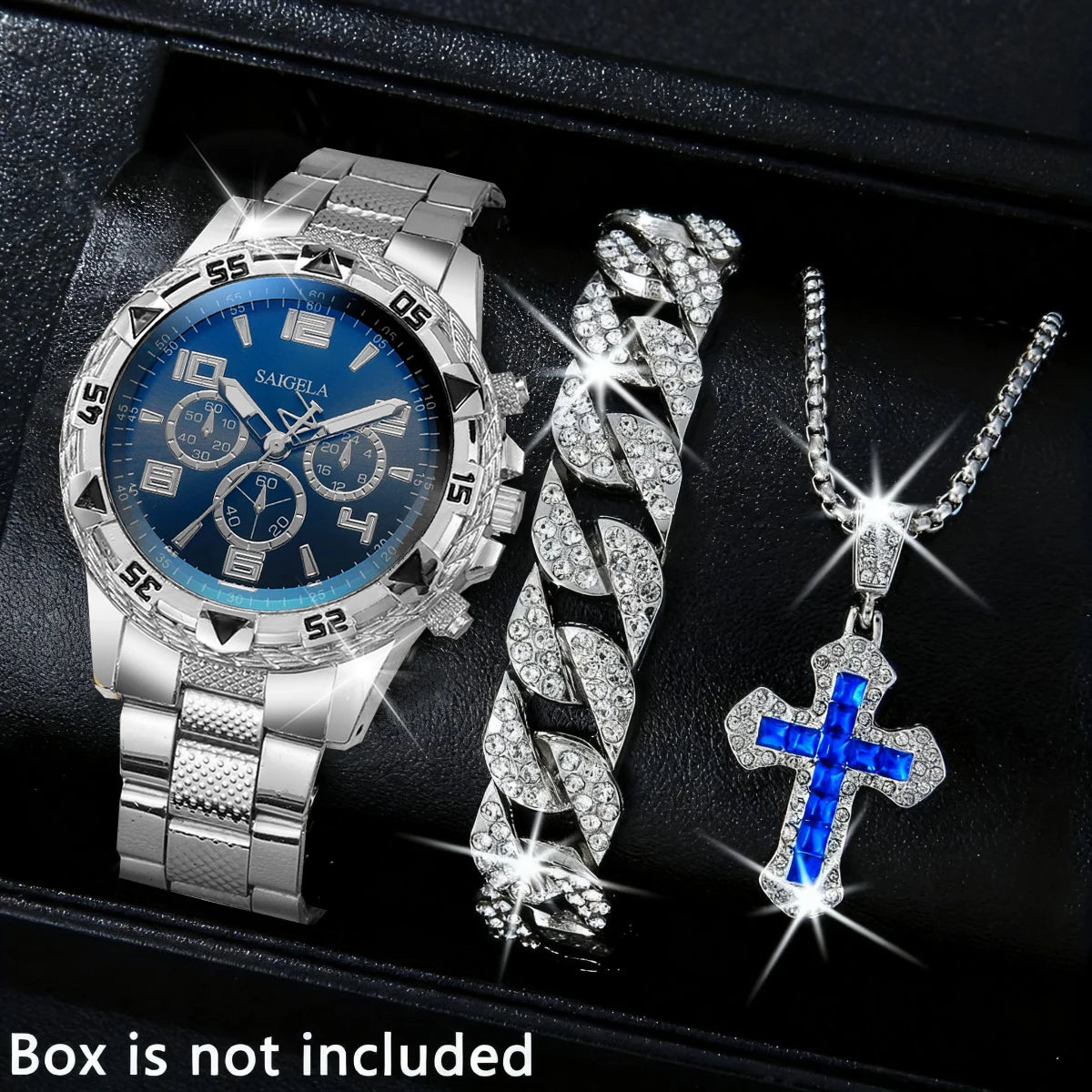 3PCS/Set Luxury Stainless Steel Band Men Business Watches Fashion Male's Quartz Watch Hip-hop Diamond Jewelry Set (Without Box)