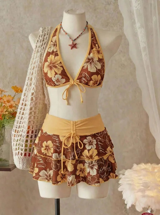 Elegant Floral Color Block Swimsuit Women Triangle Halter High-Waist Bikini Set Cover Up Skirt 2026 New Micro Bikini Three-Piece