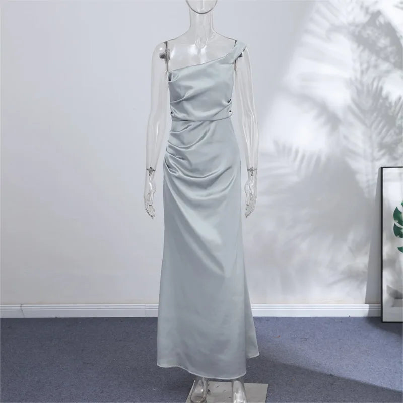 One Shoulder Satin Women 's Maxi Dress Cowl Neck Ruched Waist Bodycon Dresses 2026 Summer Woman Formal Evening Party Vestidos