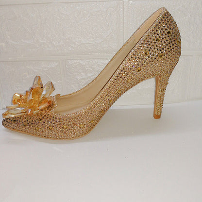 Cinderella Crystal Shoes Pointed Toe Stiletto Pumps Women's High Heels Silver Rhinestone Wedding Shoes