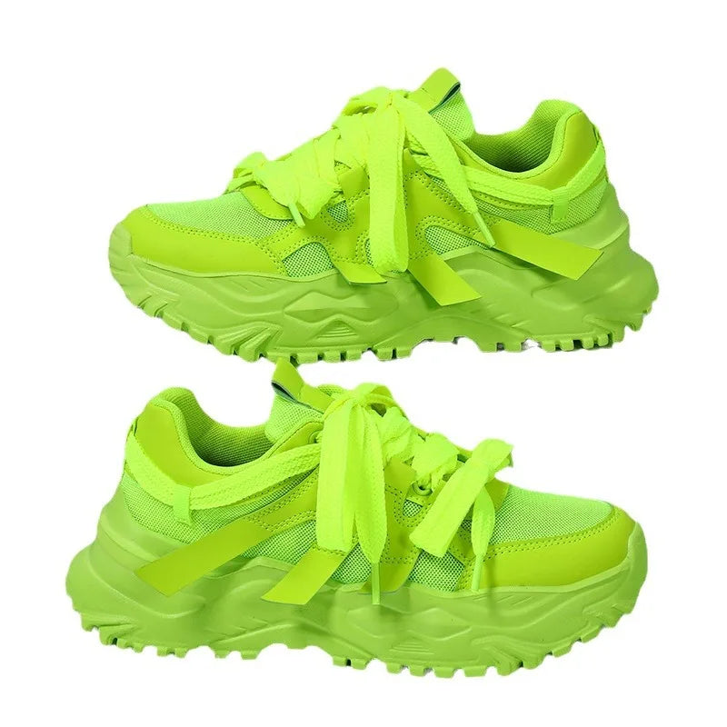 Spring Green Casual Sneakers Thick Sole Breathable Women Tennis Shoes Lace-up Fashion Outdoors Walking Shoes Couple