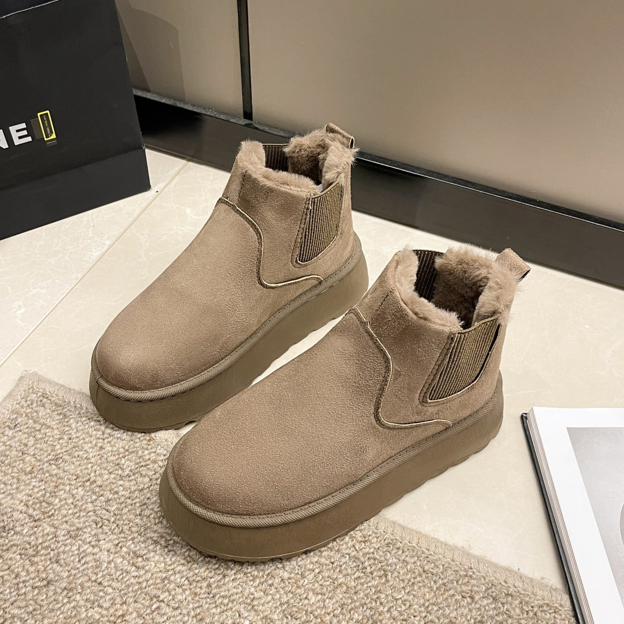 Short tube bread cotton shoes with plush and thick snow boots for women