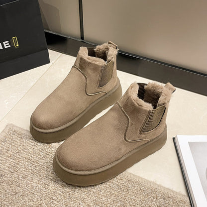 Short tube bread cotton shoes with plush and thick snow boots for women