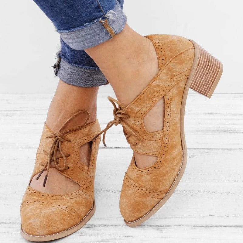 New European and American medium thick heel casual single shoes, four season shoes, hollowed out breathable women's shoes