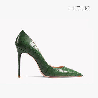 Early Autumn New Pointy High Heel Shoes Women's Thin Heel Shallow Patent Leather Single Shoes French Texture Large Green Shoes