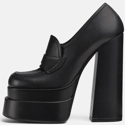 Women's Leather Platform Shoes New Waterproof High Heels Square Toe Women's Casual Sexy Party Shoes Large 34-43