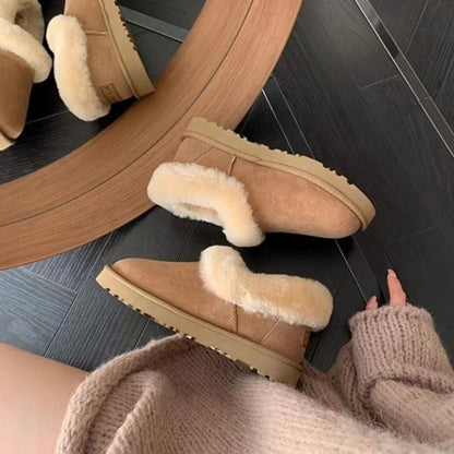 Short and versatile leather and fur integrated plush and thick cotton shoes