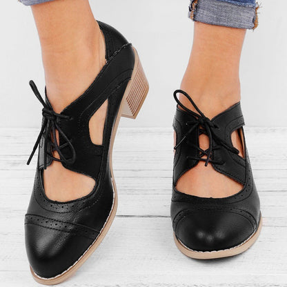 New European and American medium thick heel casual single shoes, four season shoes, hollowed out breathable women's shoes