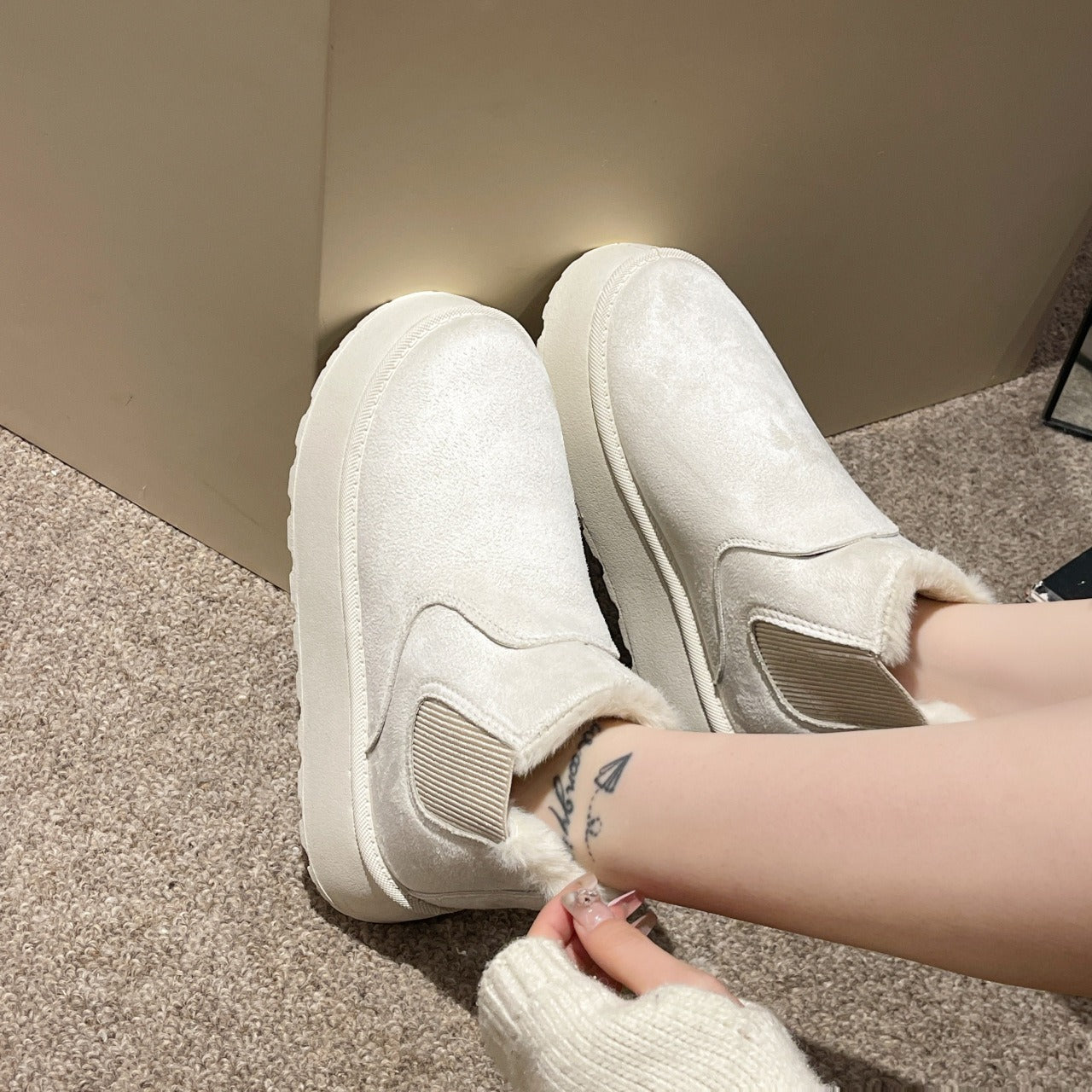 Short tube bread cotton shoes with plush and thick snow boots for women