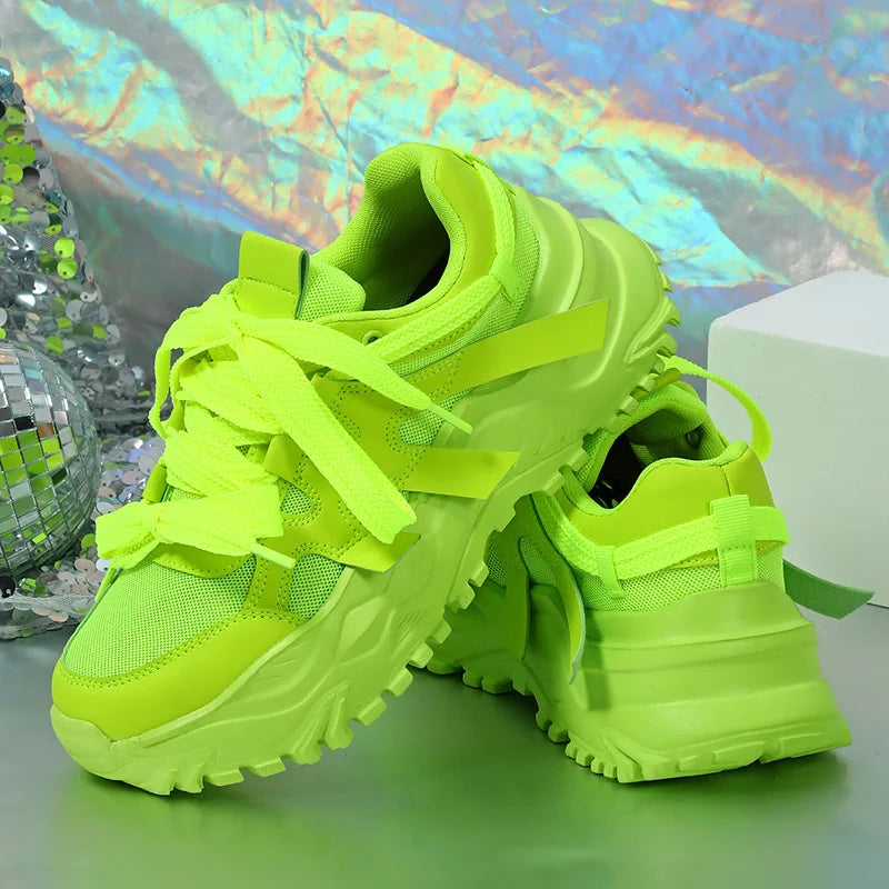 Spring Green Casual Sneakers Thick Sole Breathable Women Tennis Shoes Lace-up Fashion Outdoors Walking Shoes Couple