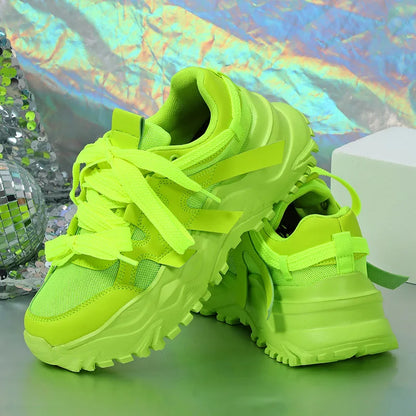 Spring Green Casual Sneakers Thick Sole Breathable Women Tennis Shoes Lace-up Fashion Outdoors Walking Shoes Couple