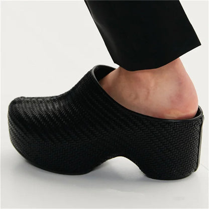 Runway Platform Mules Shoes Women Office Lady Leisure Half Slippers Luxury Designer Thick Bottom Flat Shoes Large