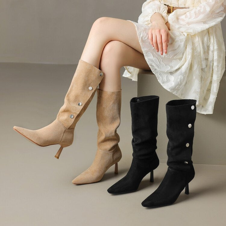 suede leather knee high boots women shoes sexy point women's punk boots black brown long tall shoes ladies