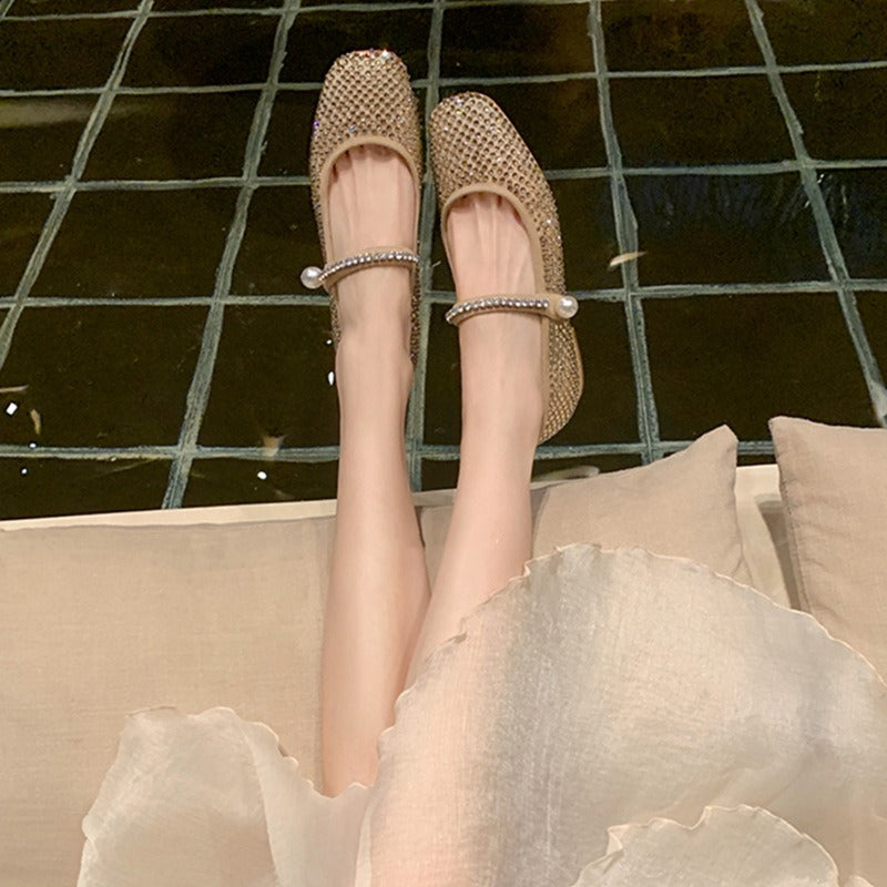 Square head mesh full of diamond pearls, Mary Jane women's singles shoes, grandma shoes