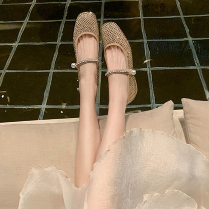 Square head mesh full of diamond pearls, Mary Jane women's singles shoes, grandma shoes