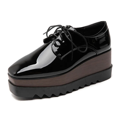 British Style Square Head Lace-up Patent Leather Deep Slope Casual Shoes Platform Shoes Women's Thick Bottom