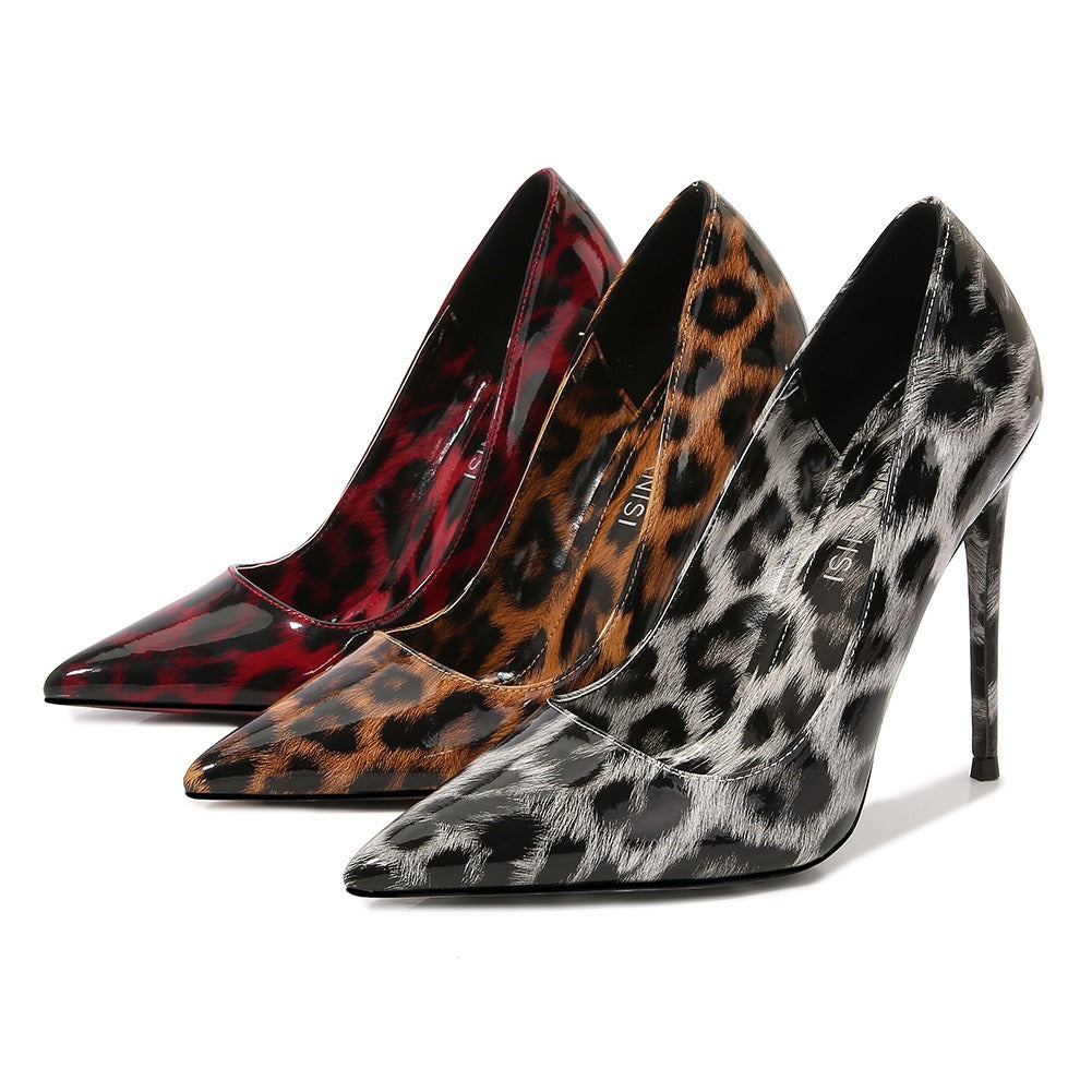 Leopard print pointed high heels, slim heels, oversized single shoes, European and American style, sexy women's shoes
