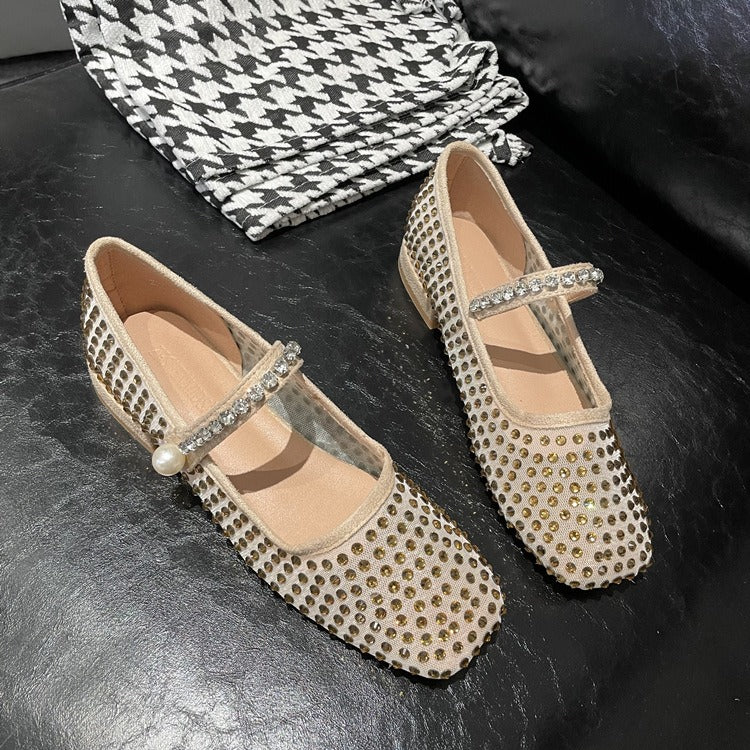 Square head mesh full of diamond pearls, Mary Jane women's singles shoes, grandma shoes