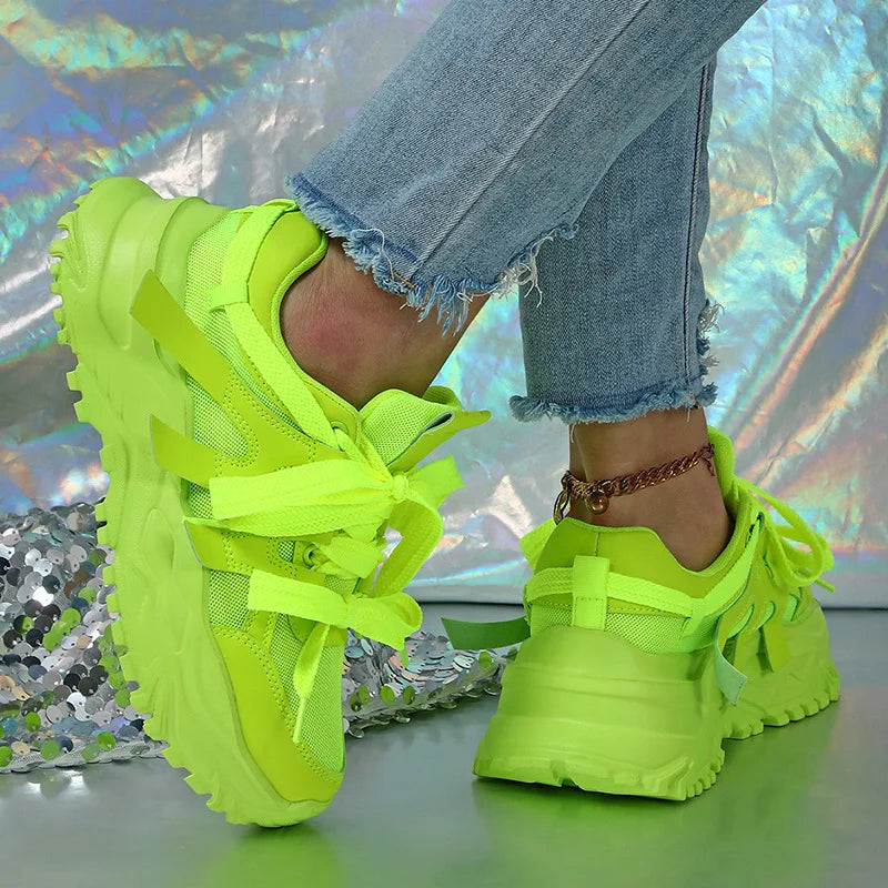 Spring Green Casual Sneakers Thick Sole Breathable Women Tennis Shoes Lace-up Fashion Outdoors Walking Shoes Couple