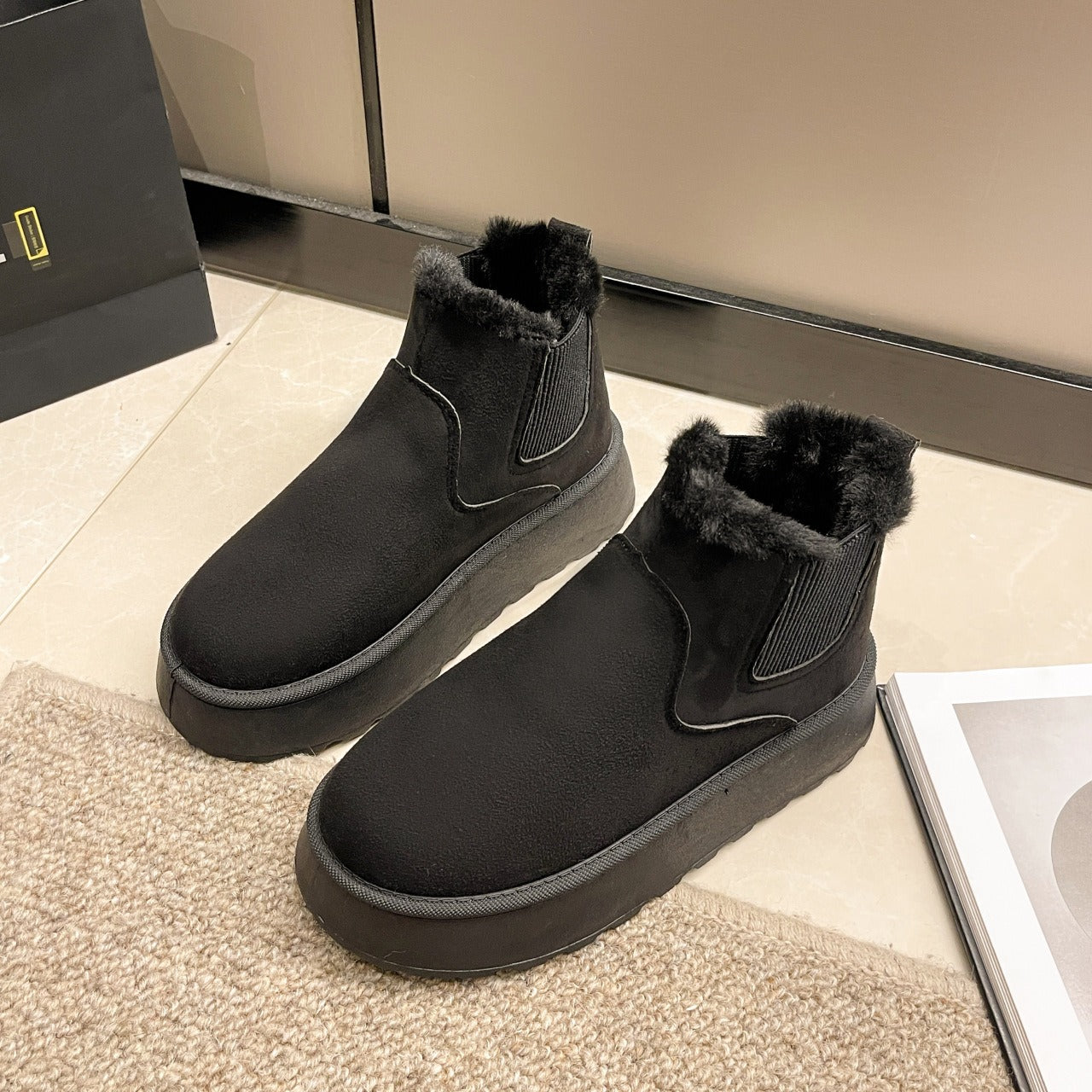Short tube bread cotton shoes with plush and thick snow boots for women