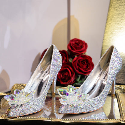 Cinderella Crystal Shoes Pointed Toe Stiletto Pumps Women's High Heels Silver Rhinestone Wedding Shoes