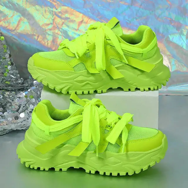 Spring Green Casual Sneakers Thick Sole Breathable Women Tennis Shoes Lace-up Fashion Outdoors Walking Shoes Couple