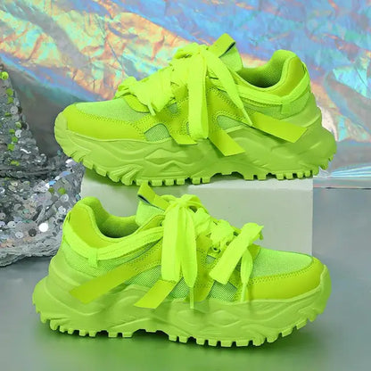Spring Green Casual Sneakers Thick Sole Breathable Women Tennis Shoes Lace-up Fashion Outdoors Walking Shoes Couple