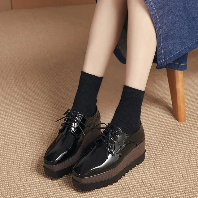 British Style Square Head Lace-up Patent Leather Deep Slope Casual Shoes Platform Shoes Women's Thick Bottom