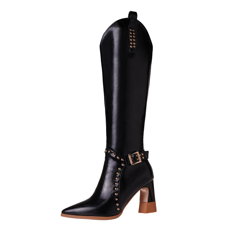 Women's Shoes New Autumn Winter Warm Shoes Sexy High Heels Pointed Toe Rivets Black Dress Party Casual Knee High Boots
