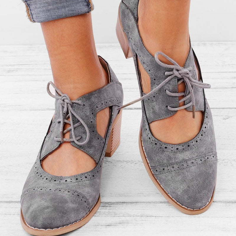 New European and American medium thick heel casual single shoes, four season shoes, hollowed out breathable women's shoes