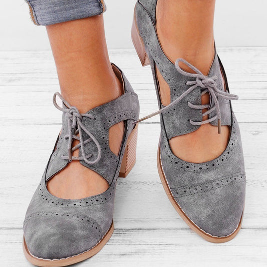 New European and American medium thick heel casual single shoes, four season shoes, hollowed out breathable women's shoes