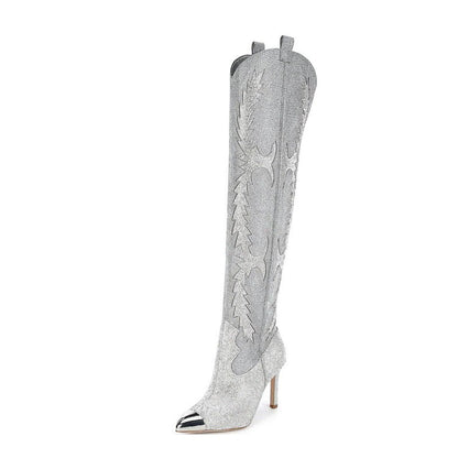 New Crystal Shoes Woman Pointed Toe Over Knee High Boots Sexy Rhinestone Thin High Heel Boots Ladies Shoes
