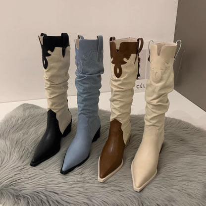 Western Cowboy Women's High Boots Low Heel Ladies Pointed Toe Knee High Boots Shoes Winter High Quality Suede Shoes
