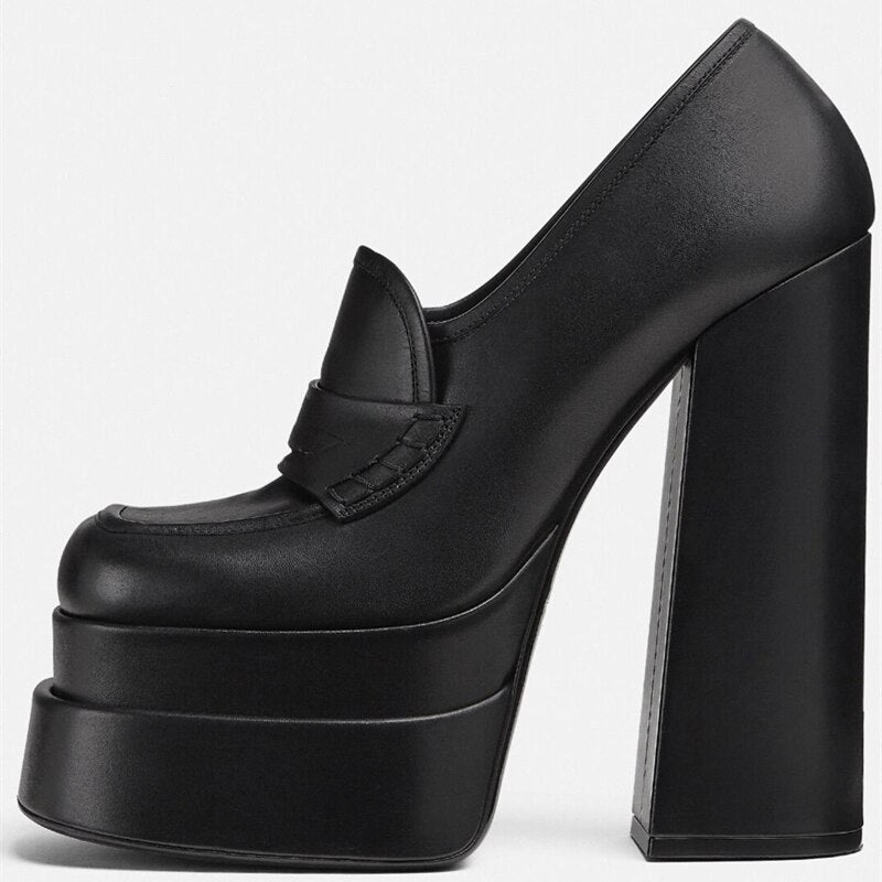 Women's Leather Platform Shoes New Waterproof High Heels Square Toe Women's Casual Sexy Party Shoes Large 34-43
