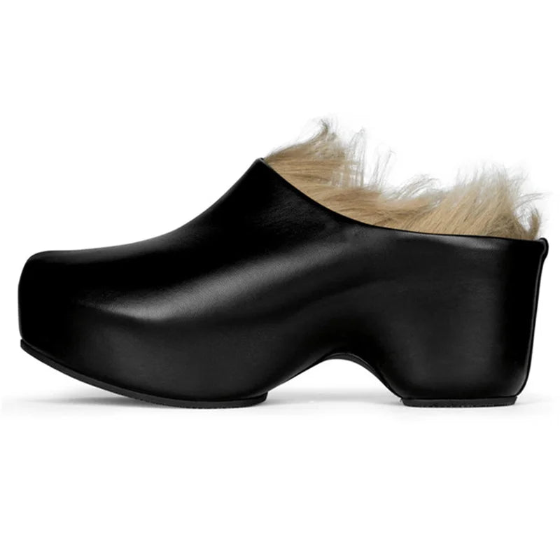 Runway Platform Mules Shoes Women Office Lady Leisure Half Slippers Luxury Designer Thick Bottom Flat Shoes Large