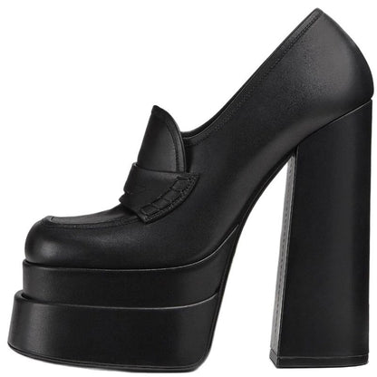 Women's Leather Platform Shoes New Waterproof High Heels Square Toe Women's Casual Sexy Party Shoes Large 34-43