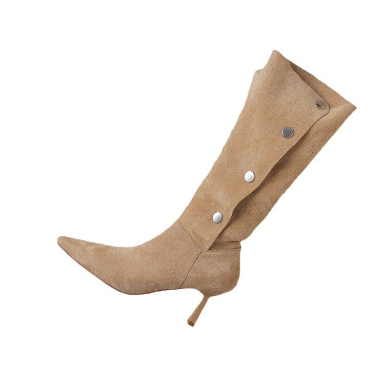 suede leather knee high boots women shoes sexy point women's punk boots black brown long tall shoes ladies