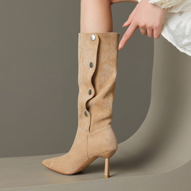 suede leather knee high boots women shoes sexy point women's punk boots black brown long tall shoes ladies
