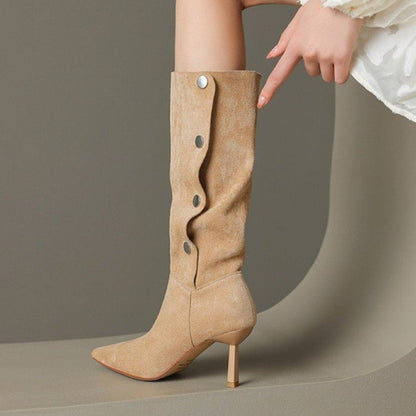 suede leather knee high boots women shoes sexy point women's punk boots black brown long tall shoes ladies