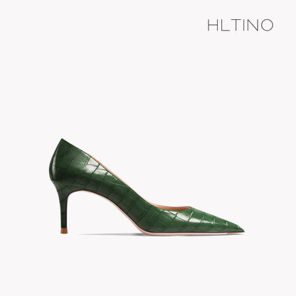 Early Autumn New Pointy High Heel Shoes Women's Thin Heel Shallow Patent Leather Single Shoes French Texture Large Green Shoes
