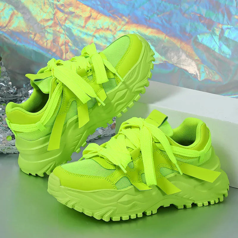 Spring Green Casual Sneakers Thick Sole Breathable Women Tennis Shoes Lace-up Fashion Outdoors Walking Shoes Couple