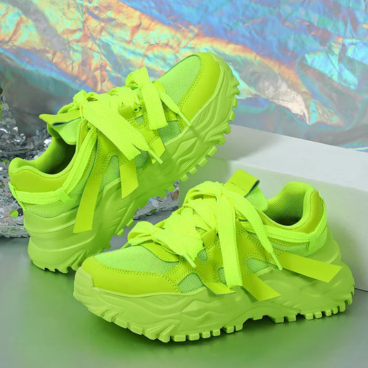 Spring Green Casual Sneakers Thick Sole Breathable Women Tennis Shoes Lace-up Fashion Outdoors Walking Shoes Couple