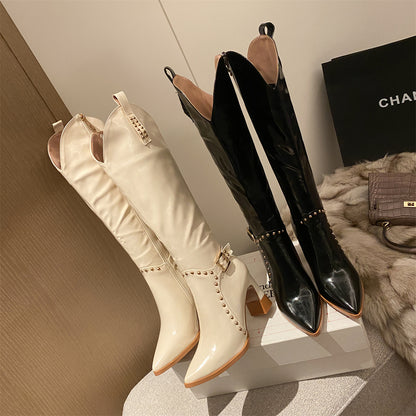 Women's Shoes New Autumn Winter Warm Shoes Sexy High Heels Pointed Toe Rivets Black Dress Party Casual Knee High Boots