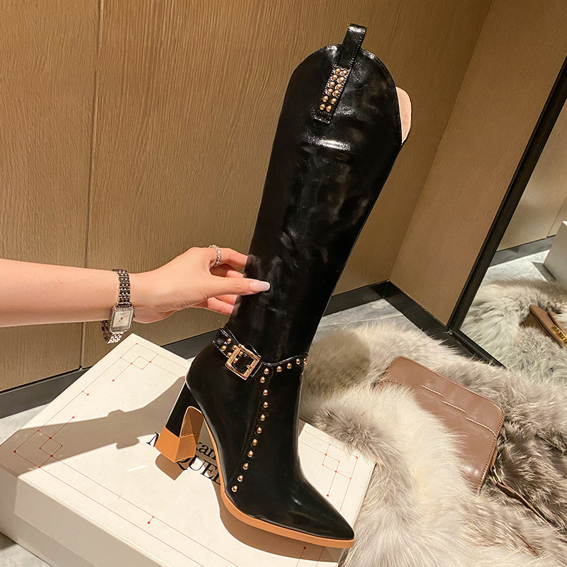 Women's Shoes New Autumn Winter Warm Shoes Sexy High Heels Pointed Toe Rivets Black Dress Party Casual Knee High Boots