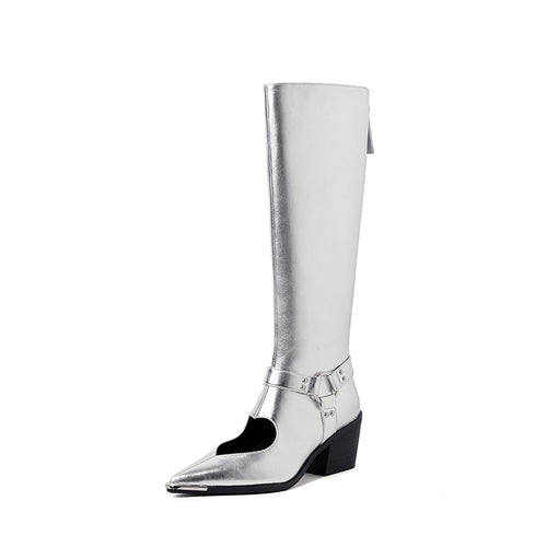 Genuine Leather Shoes Woman Knee HIgh Boots Spring Autumn Pointed Toe CHunky Heels Black Silver Dress Party Casual Shoes