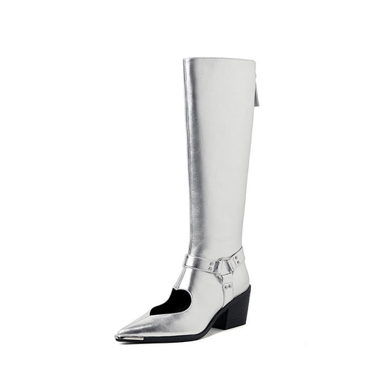 Genuine Leather Shoes Woman Knee HIgh Boots Spring Autumn Pointed Toe CHunky Heels Black Silver Dress Party Casual Shoes