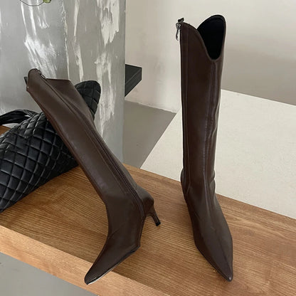 Luxury Ladies Chelsea Long Boots Zippers Shoes Female Shoes Fashion Low Heels Footwear Western Women Knee High Boots