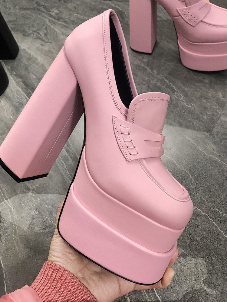 Women's Leather Platform Shoes New Waterproof High Heels Square Toe Women's Casual Sexy Party Shoes Large 34-43